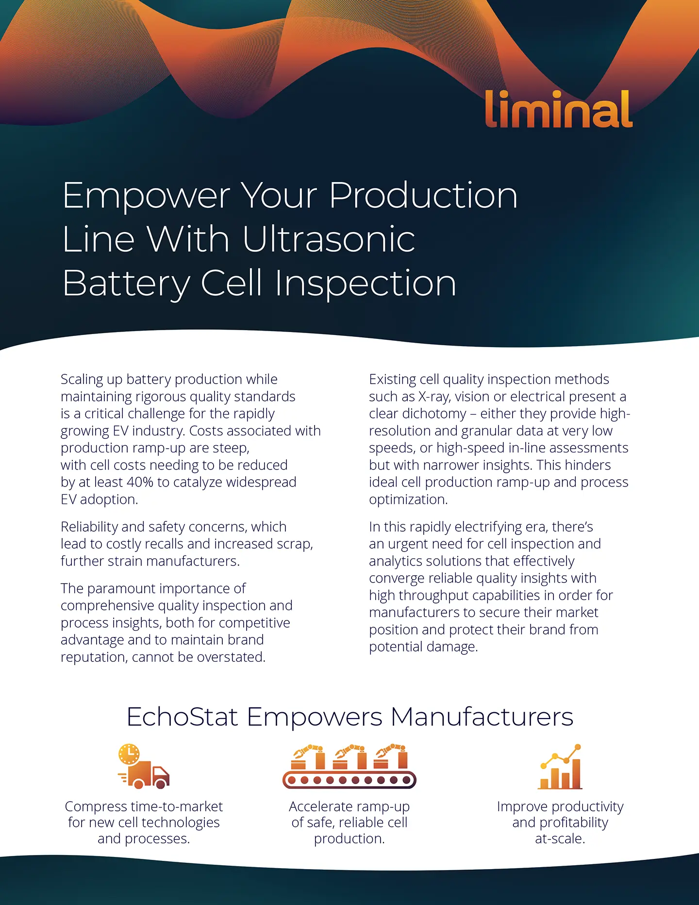 Liminal. Cover of Executive Summary. Titled: Empower Your Production Line With Ultrasonic Battery Cell Inspection.
